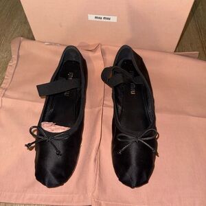 Miu Miu Black Satin Flats with Bow Detail